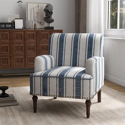 Stripe Accent Chairs Set of 2, Living Room Arm Chair Modern Nailhead Trim Club Armchair, Comfy Upholstered Sofa Lounge Seat Reading Seat Bedroom Side Seating for Home Office, Dark Blue