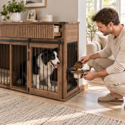 71" Double Dog Crate Furniture, Walnut Furniture Crate with Dividers., view 8