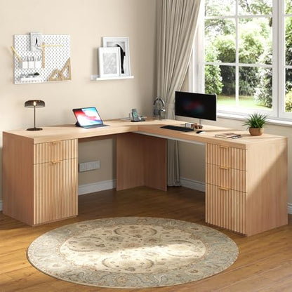 69" Fluted L Shaped Executive Desk with Power Outlets & File Drawer, Modern Wood L Shaped Office Desk with Storage Cabinet and Drawers, Large Corner Desk Computer Writing Desk for Home, Natural Oak