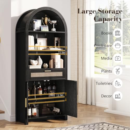 71.3" Tall Arched Bookshelf with Doors - 5 Tier Rattan Arched Bookcase, view 4