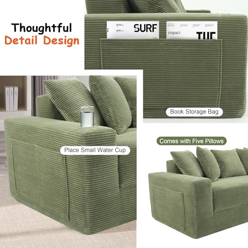76" Convertible Sofa Bed, 2-in-1 Boneless Sleeper Sofa with Cup Holder & Pocket, Corduroy Pull Out Couch with 5 Pillows, Couch Bed for Living Room, Small Spaces, Bedroom, No Assembly