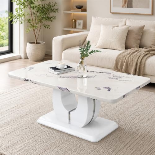 White Rectangular MDF Coffee Table with Marble Effect Top, view 2