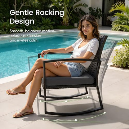 Rocking Patio Bistro Sets - All-Weather - 3 Piece Rattan Conversation Furniture Set, Wicker Outdoor Front Porch Chair for Balcony, Porch, Garden, Backyard, Poolside,Medium Gray