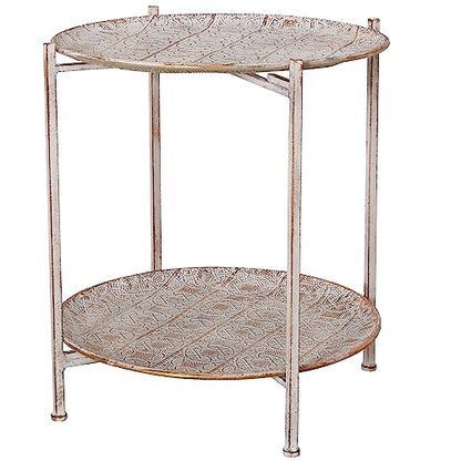 Moroccan Metal Side Table, Intricate Pattern, Removable Lattice Trays, Foldable, Antique Champagne Gold with White Patina, Distressed Finish, 20 Inches Tall