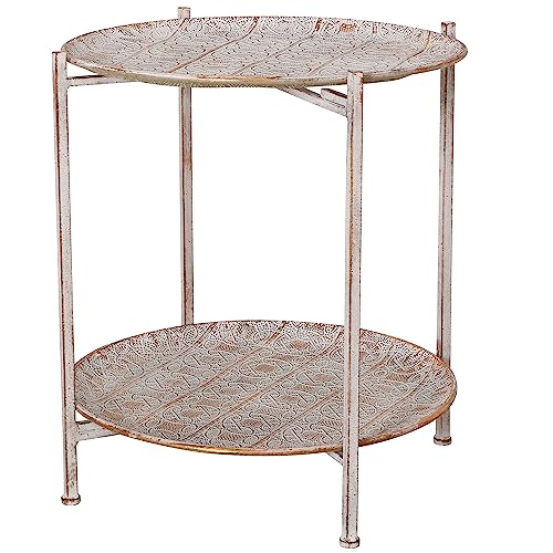 Moroccan Metal Side Table, Intricate Pattern, Removable Lattice Trays, Foldable, Antique Champagne Gold with White Patina, Distressed Finish, 20 Inches Tall