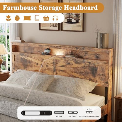 King Size Farmhouse Wooden Bed Frame with Storage Headboard, view 5