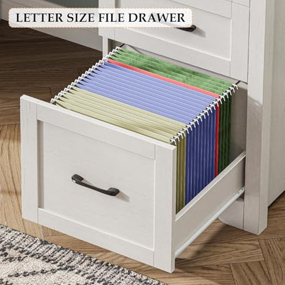 Farmhouse 61'' Executive Desk with 7 Drawers, Rustic Office Desk Computer Table with File Drawers, Wood Workstation for Home Office and Study,Unique White
