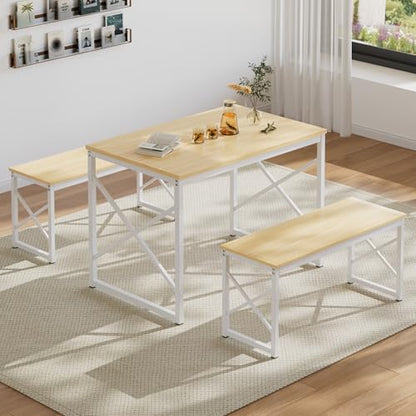 Kitchen Dining Table Benches Set for 4, 43.3" Wooden Dinette with 2 Benches, Heavy-Duty Dining Room Table for Small Space, Breakfast Nook, Natural Oak