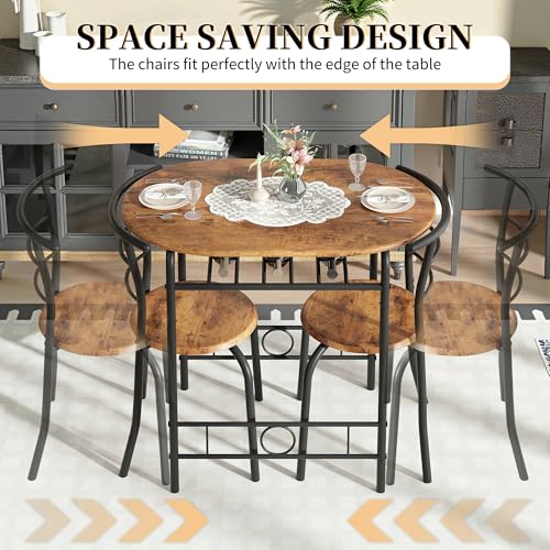 3-Piece Dining Table Set for Kitchen Breakfast Nook, Wood Grain Oval Tabletop and Metal Frame with Built-in Wine Rack, for Small Spaces, Antique Brown & Black