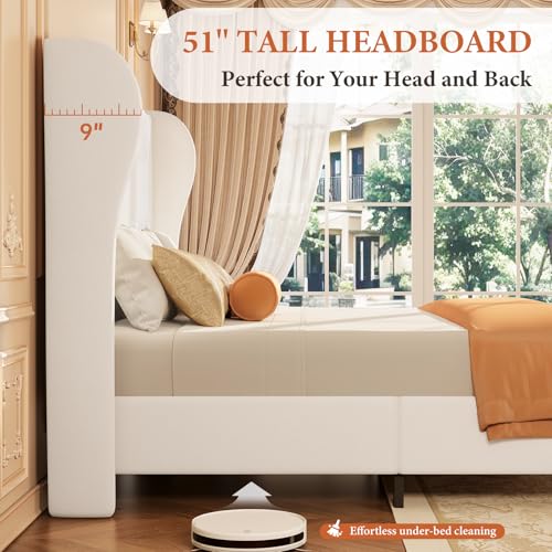 Queen Upholstered Bed Frame with Tall Headboard & Footboard, White, view 5