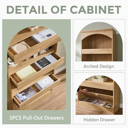 76" Tall Arched Bookcase with 1PC Magnetic Lock Drawer, Modern Wooden Arch Bookshelf w/3 Pull-Out Drawers, Farmhouse 4 Tiers Book Shelf w/Open Shelves for Living Room, Office (Natural)