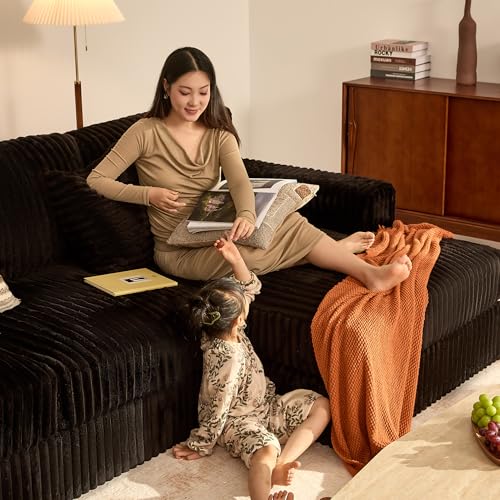 139" U-Shaped Cloud Couch, Modular Sectional, Deep Seats, Black | Pocket Spring Cushions, Oversized 7-Seater, Right Facing Chaise, Corduroy Upholstery Couches for Living Room, Not Boneless