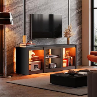 Modern LED TV Stand for 65 70 Inch TV, 58" Entertainment Center with Adjustable Glass Shelves & RGB Lights, Wood Media Console Table for Living Room, Bedroom, Gaming Room, Black
