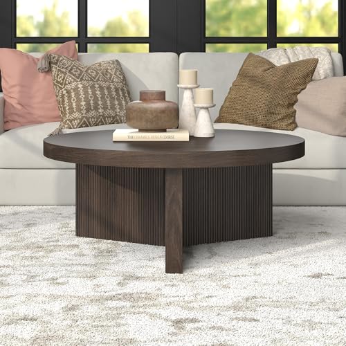 36" Fluted Round Low-Profile Coffee Table with Ribbed Pedestal Base Living Room, Family Room, or Office, Rich Brown