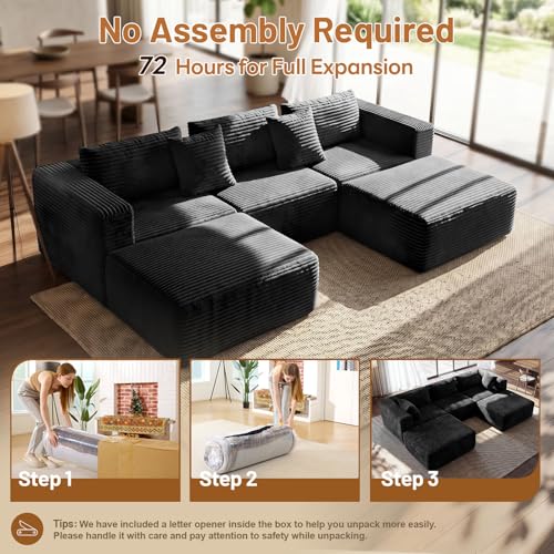 110" Modular Sectional Boneless Sofa with 2 Ottomans, U Shaped Cloud Couch for Living Room, Deep Seat Corduroy Floor Sofa, No Assembly Required, Compressed Couch, 5 Seat, Black