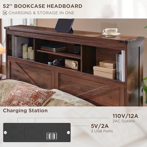 Brown Solid Wood Platform Bed Frame with Drawers and Lighting, view 6