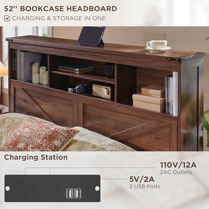 Brown Solid Wood Platform Bed Frame with Drawers and Lighting, view 6