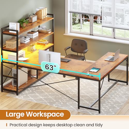 L Shaped Desk with Storage Shelves, 63” Reversible U Shaped Office Desk, Gaming Desk with Power Outlet and LED Lights for Home Office, Rustic Brown
