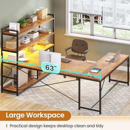 L Shaped Desk with Storage Shelves, 63” Reversible U Shaped Office Desk, Gaming Desk with Power Outlet and LED Lights for Home Office, Rustic Brown