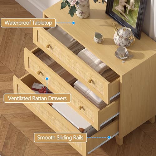 3 Drawer Rattan Dresser for Bedroom, Small Boho Nightstand Sets with Wooden Feet, Rattan Wood Clothes Storage Cabinet for Hallway, Living Room, Entryway (Wood, 3 Drawers)