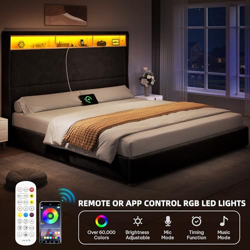 King Size Bed Frame with Charging Station and RGB LED Lights, view 4