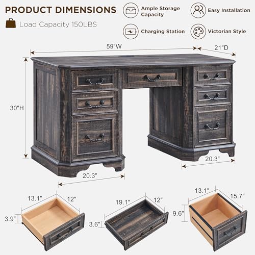 59" Farmhouse Executive Desk with Drawers, Wood Home Office Computer Desk, view 3