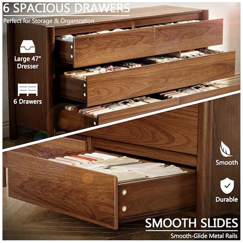 47" Wide 6-Drawer Dresser,Mid-Century Modern Chest with Solid Wood Legs, Concealed Handle,Large Wood Storage Organizer, Bedroom Storage,Walnut