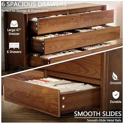 47" Wide 6-Drawer Dresser,Mid-Century Modern Chest with Solid Wood Legs, Concealed Handle,Large Wood Storage Organizer, Bedroom Storage,Walnut