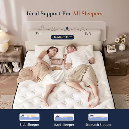 King Mattress - 12 Inch Medium Firm Ergonomic Mattress, Zoned Pocket Springs with Memory Foam for Back Support & Motion Isolation - CertiPUR-US Certified