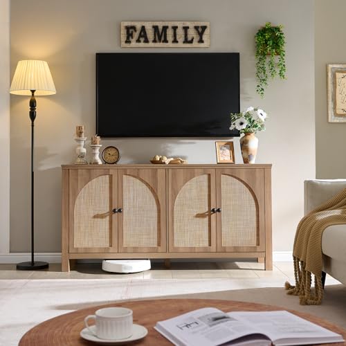 60" Rattan Sideboard Buffet Cabinet with Storage | Sideboard With Rattan Doors, Spacious Storage And Soft-Close Hinges, Ideal For Kitchens, Dining Rooms And Living Rooms