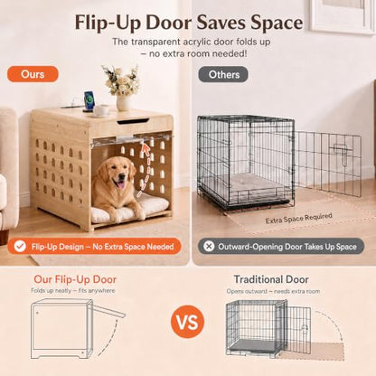 Modern Dog Crate Furniture Wooden Kennel Charging Station End Table Oak, view 5