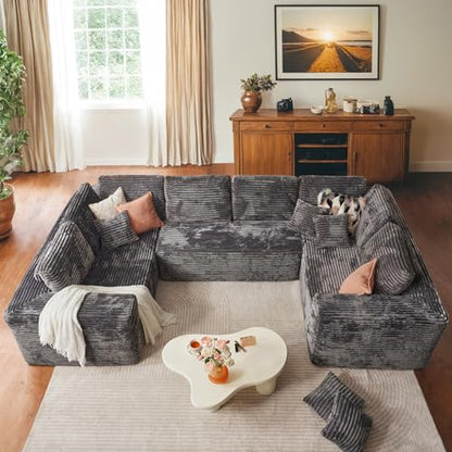 Sectional Cloud Couch for Living Room, Modular Floor Sofa with Plush Corduroy, No Assembly Required, Big Comfy Couches Set with Fluffy Memory Foam, Stupendous U Shaped Sofas with Chaise, Grey