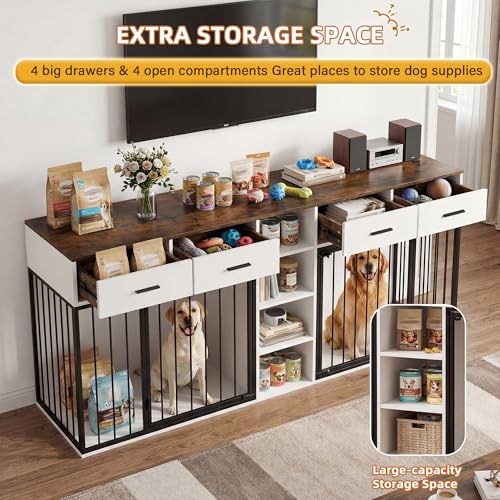 82 Inch Double Dog Crate Furniture for 2 Medium/Large Dogs, White, view 3