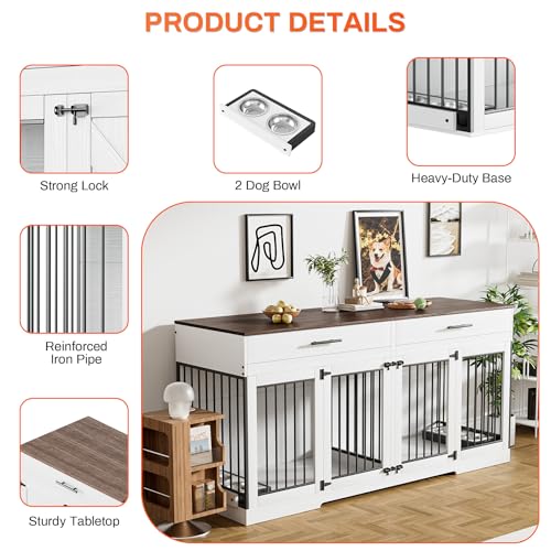 72" Double Dog Crate Furniture with Drawers and Divider, White, view 5