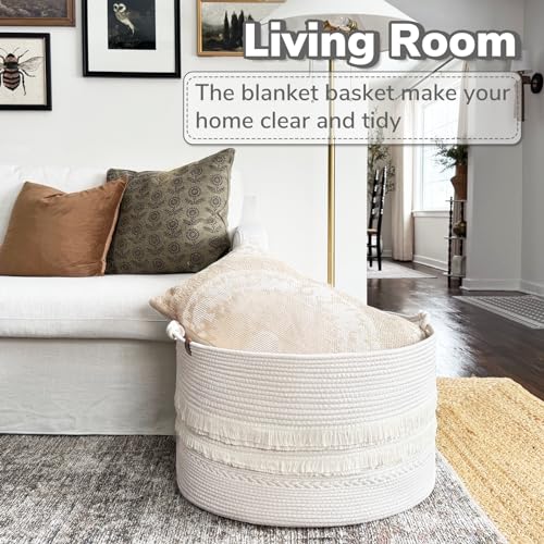Large Blanket Basket Living Room, Laundry Basket With Tassel, 90L | Storage Basket for Toys, Clothes & Pillows Storage，Cotton Rope, Laundry Hamper With Handles,Fits Bedroom Nursery Décor, White