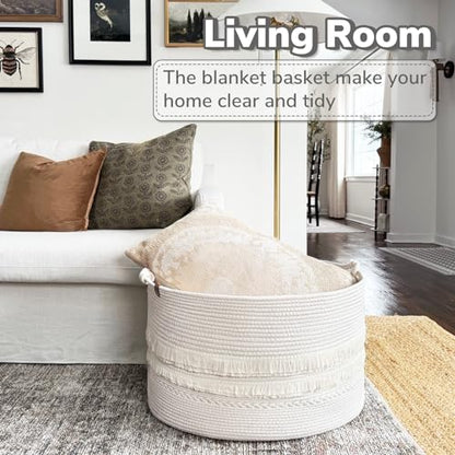Large Blanket Basket Living Room, Laundry Basket With Tassel, 90L | Storage Basket for Toys, Clothes & Pillows Storage，Cotton Rope, Laundry Hamper With Handles,Fits Bedroom Nursery Décor, White