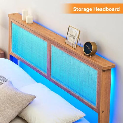 Bohemian Queen Rattan Bed LED Natural Headboard Bedroom, view 6