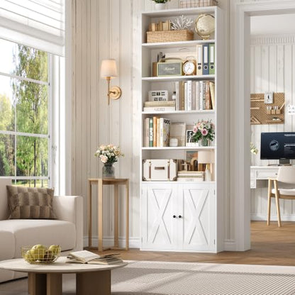 82" Tall Bookcase and Book Shelf, 24" Wide Bookshelf with Doors, 7 Tier Bookcase with Storage and Adjustable Shelf, Open and Display Farmhouse Bookshelf for Living Room, Home Office, White