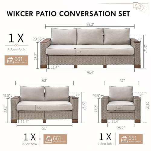 6-Piece Wicker Patio Furniture Set with Solid Wood Armrest, Outdoor Patio Set with Thick Legs, UV-Resistant Modular Outdoor Sectional Sofa for Backyard, Porch, Garden