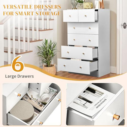 White 6 Drawer Dresser, Rose Gold Handle Modern Bedroom Chest, view 6
