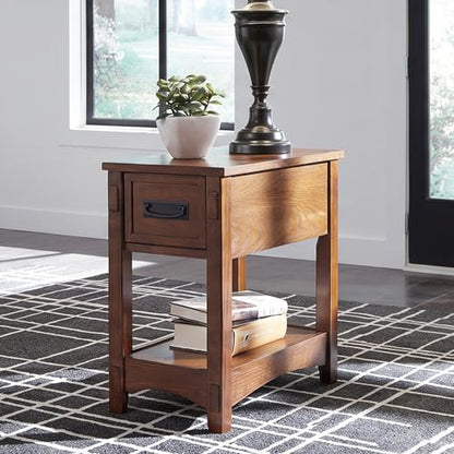 Brown narrow chairside end table with drawer, view 3