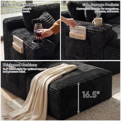 133" Oversized Cloud Boneless Sofa Couch with Chaise, Modern Corduroy U Shaped Modular Sectional Sofa with Deep Seat, Comfy Couch with Cupholders and Storage, No Assembly Required-Black