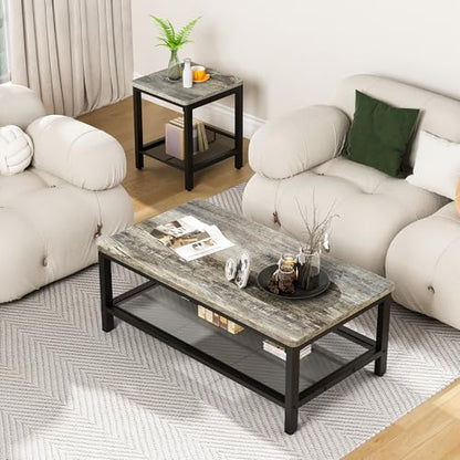 Coffee Table Set of 3, Industrial Coffee Table with 2 Square End Side Tables, Modern Living Room Table Set, with Metal Frame, for Apartment Home Office, Grey