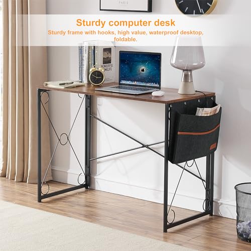 39 Inch Folding Desk Simple Assembly Desk, Writing Computer Desk for Home Office Study Office Desk Foldable Table for Small Spaces, Brown