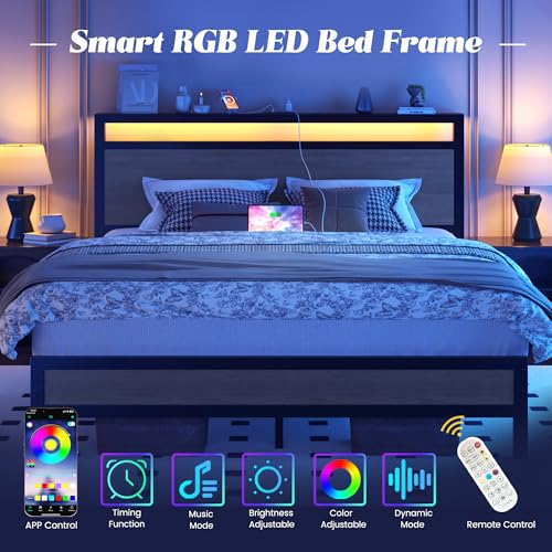 Queen Bed Frame with Headboard, Fast-Charging & LED, Storage Shelf, view 5