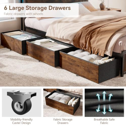 King Size Bed Frame with 2-Tier Storage Headboard & 6 Drawers, view 5