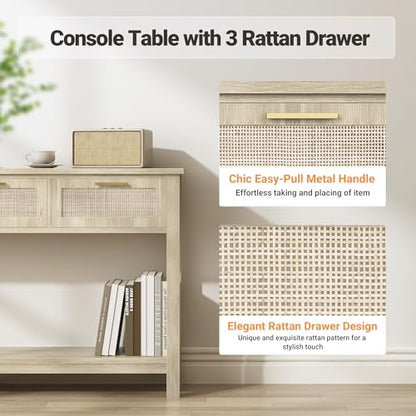 51.2" Rattan Console Tables with 3 Drawers & Shelf, Entryway Table with Storage, Hallway Table for Entry Way, Narrow Long Boho Sofa Table Behind Couch, Entrance Entry Living Room, Natural Wood