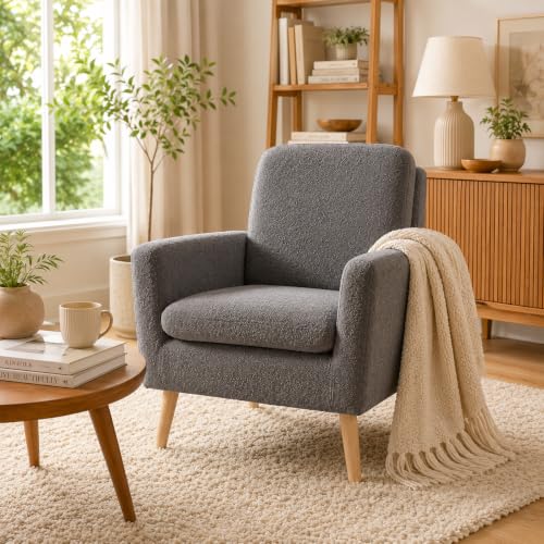 Frida Teddy Fleece Accent Chair, Mid-Century Modern Inspired Armchair with Plush Upholstery, Thick Cushioning & Oak Legs, Cozy Living Room Chair for Bedroom, Reading Nook & Lounge Seating