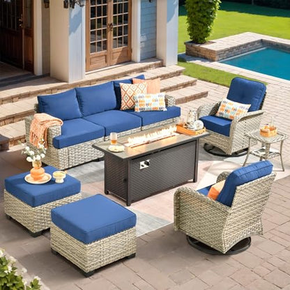Outdoor Sectional Patio Furniture Set with Fire Pit Table,9 Pieces Wicker Conversation Sets,Extra Deep Out Door Sofa Outside Furniture Couch Swivel Chairs Ottoman,Navy Blue