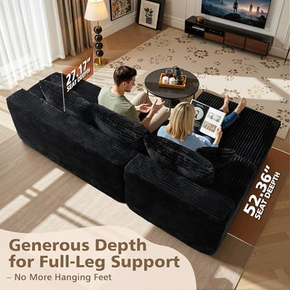 96" Cloud Sectional Couch with Comfy Chaise, Boneless L Shape Sofa with Deep Seat, Minimalist Modular Couches Sleeper for Living Room Bedroom Apartment Lounge,Black